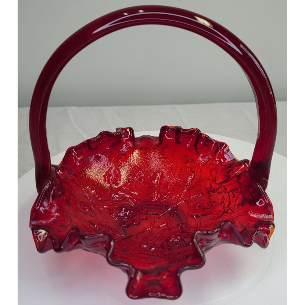 Vintage Fenton Ruby Red Cabbage Rose Glass Handled Basket Ruffled Edge Amberina
